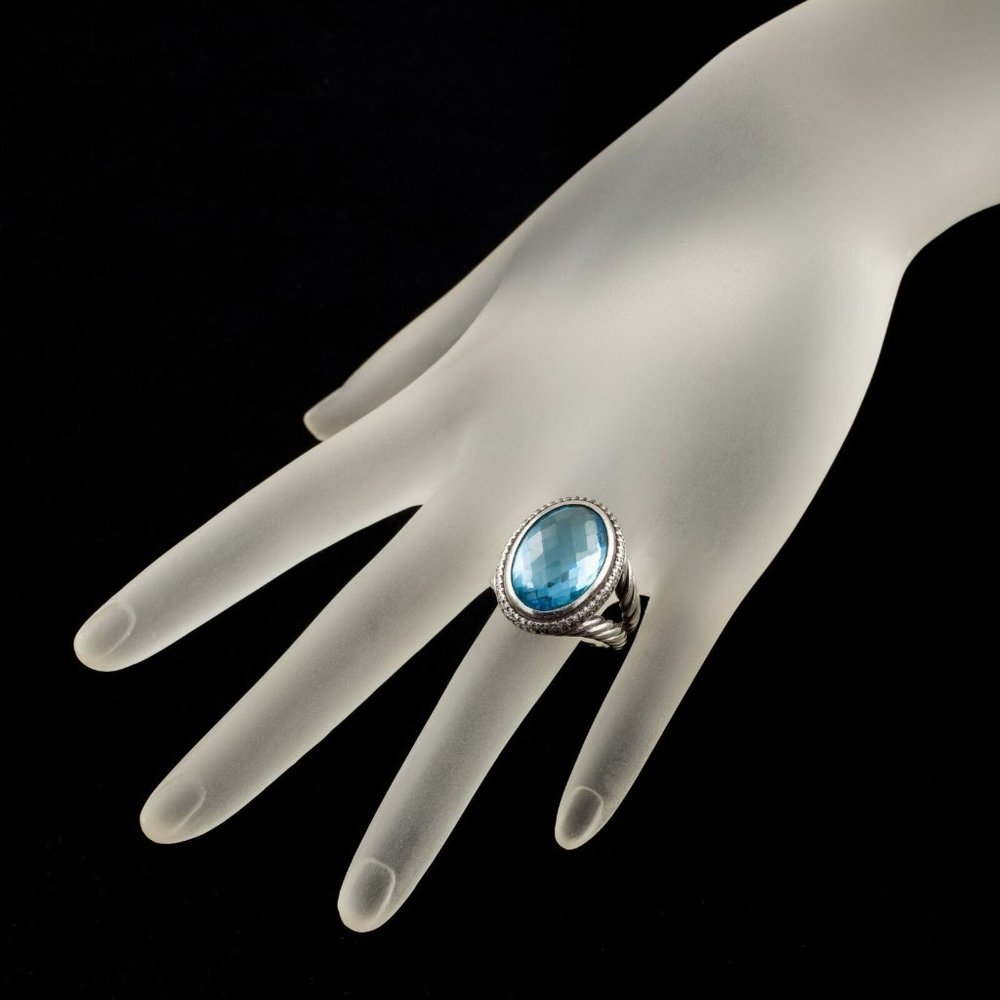 David Yurman Sterling Silver Signature Blue Topaz Ring w/ Diamond Accents Size 6 - Picture 7 of 9